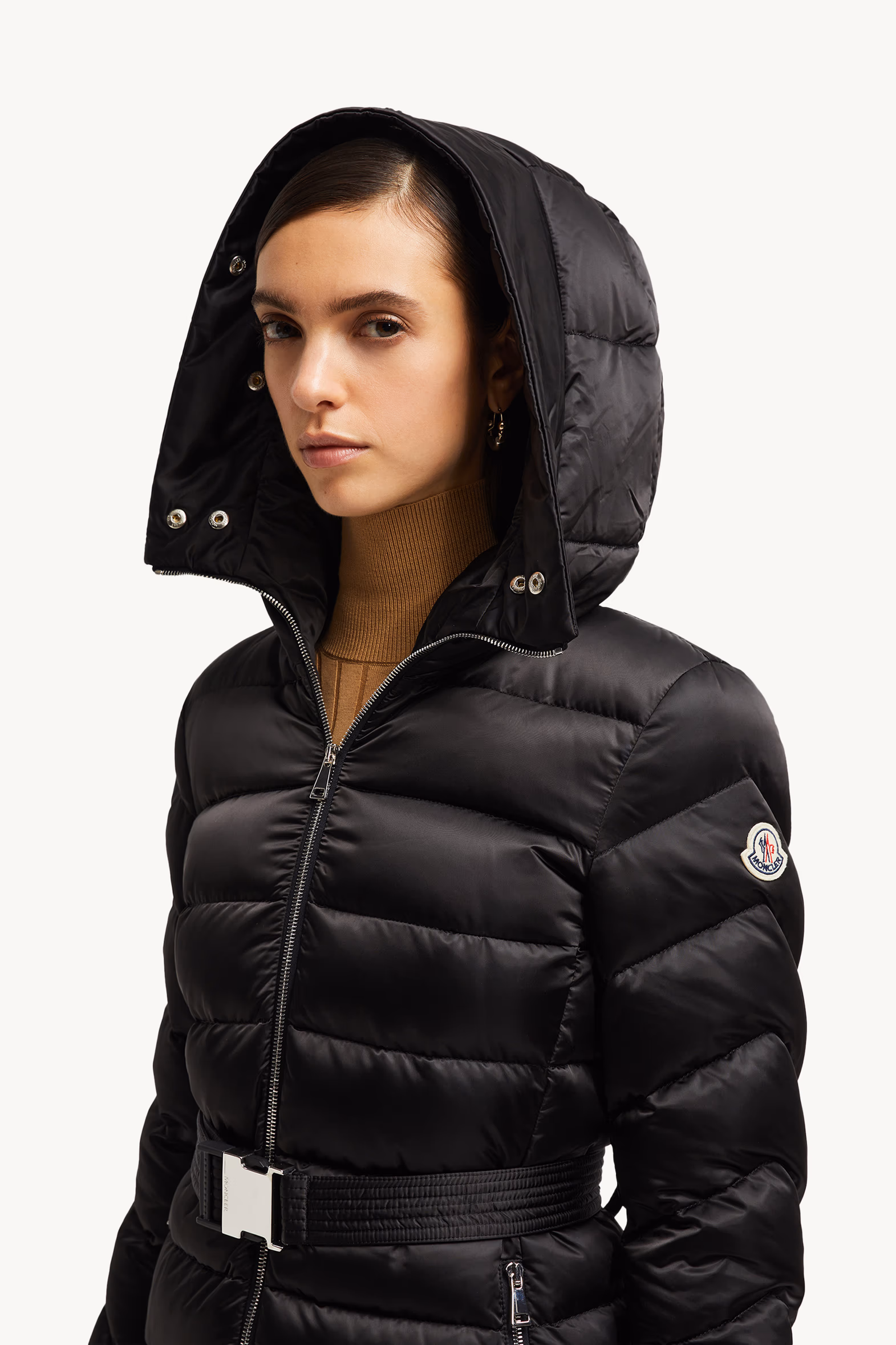 Leersie Hooded Shearling-Trimmed Long Down Jacket Women Black & Beige Moncler 7